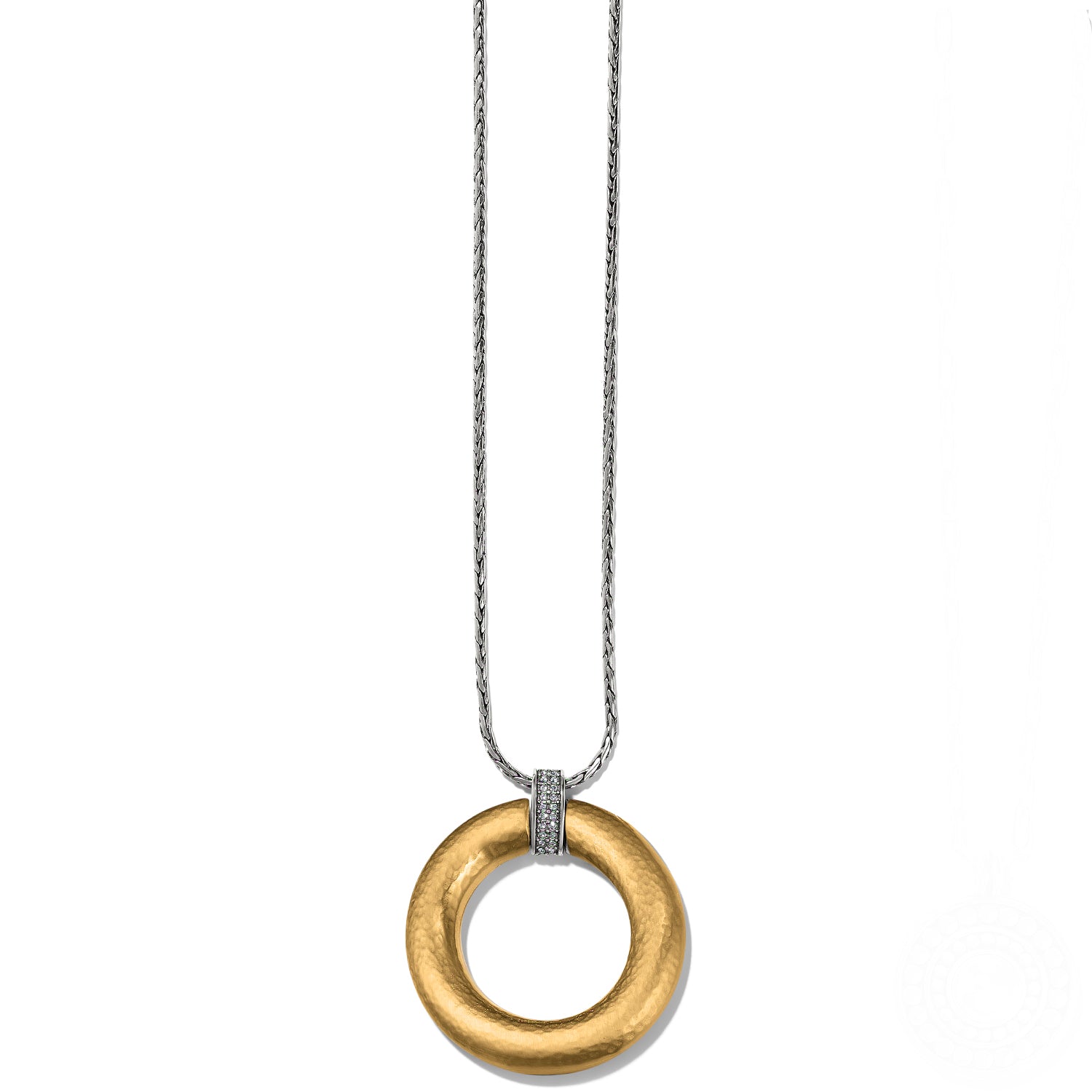 Brighton pendant necklace with hammered gold-tone ring, crystal-accented two-tone bail, and silver-tone chain on white background