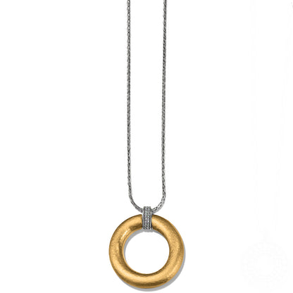 Brighton pendant necklace with hammered gold-tone ring, crystal-accented two-tone bail, and silver-tone chain on white background