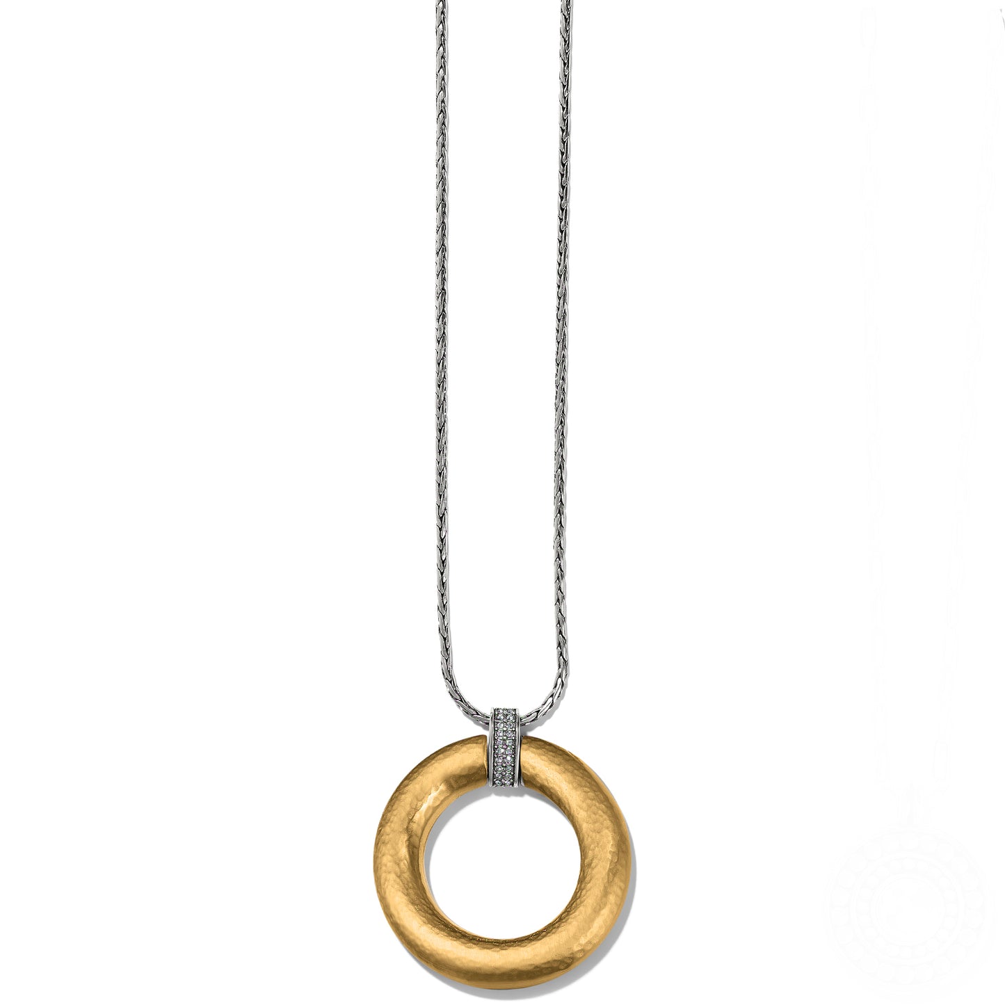 Brighton pendant necklace with hammered gold-tone ring, crystal-accented two-tone bail, and silver-tone chain on white background