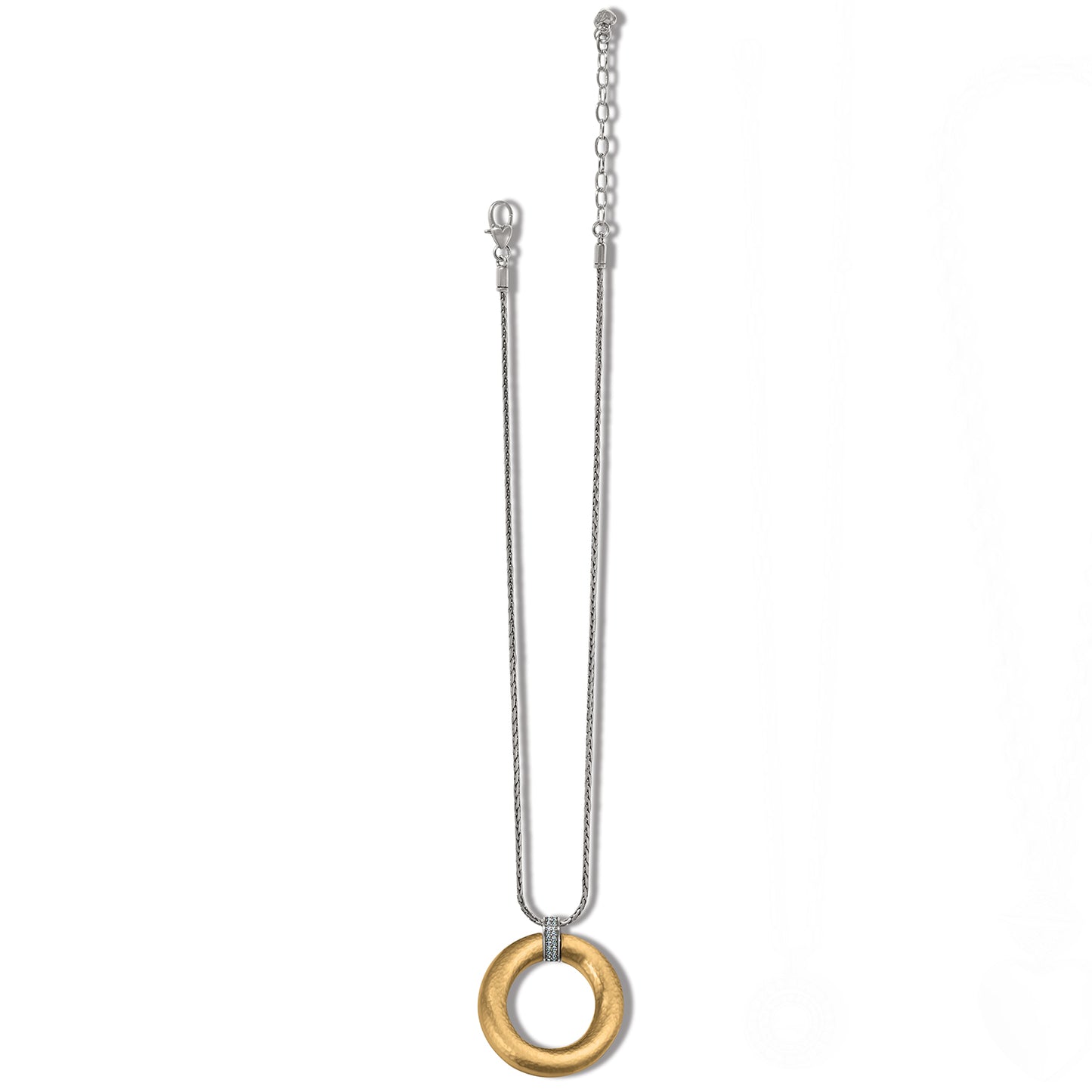 Brighton pendant necklace with hammered gold-tone ring, crystal accent bail, and silver-tone chain on a white background