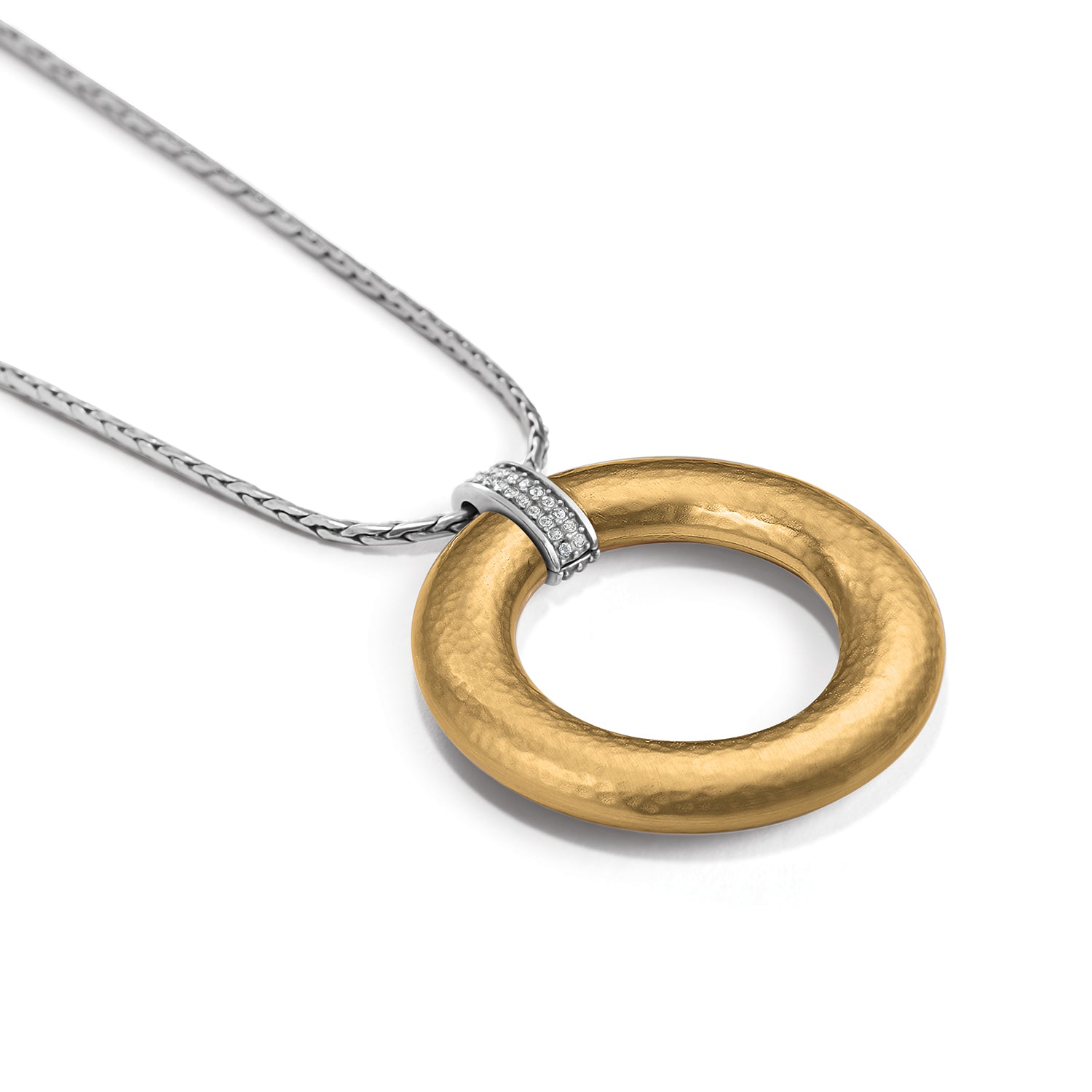 Brighton pendant necklace with hammered gold-tone open circle, crystal-set bail, and silver-tone chain on a white background