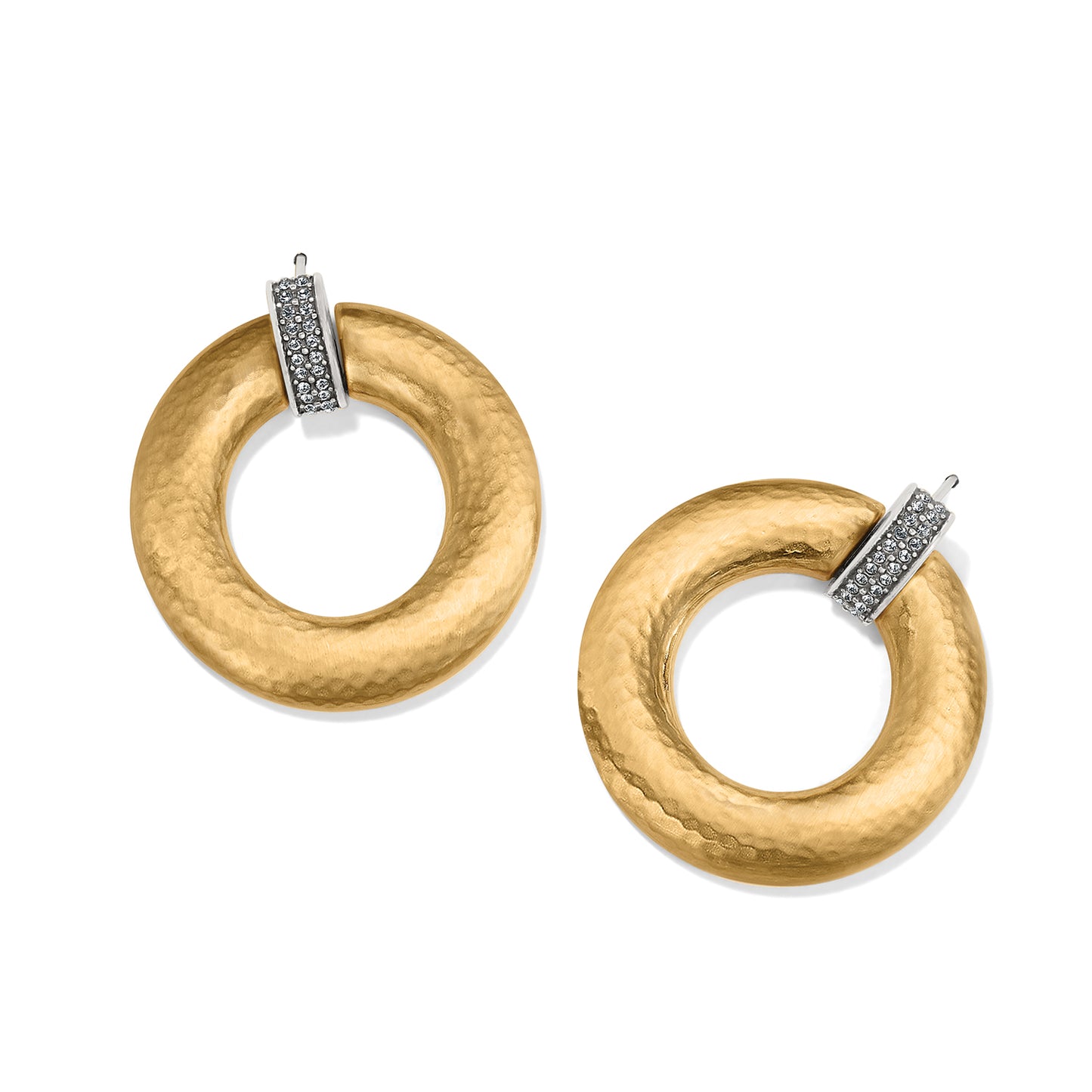 Brighton hoop earrings with hammered gold-tone rings and silver-tone crystal-pavé accents on a white background