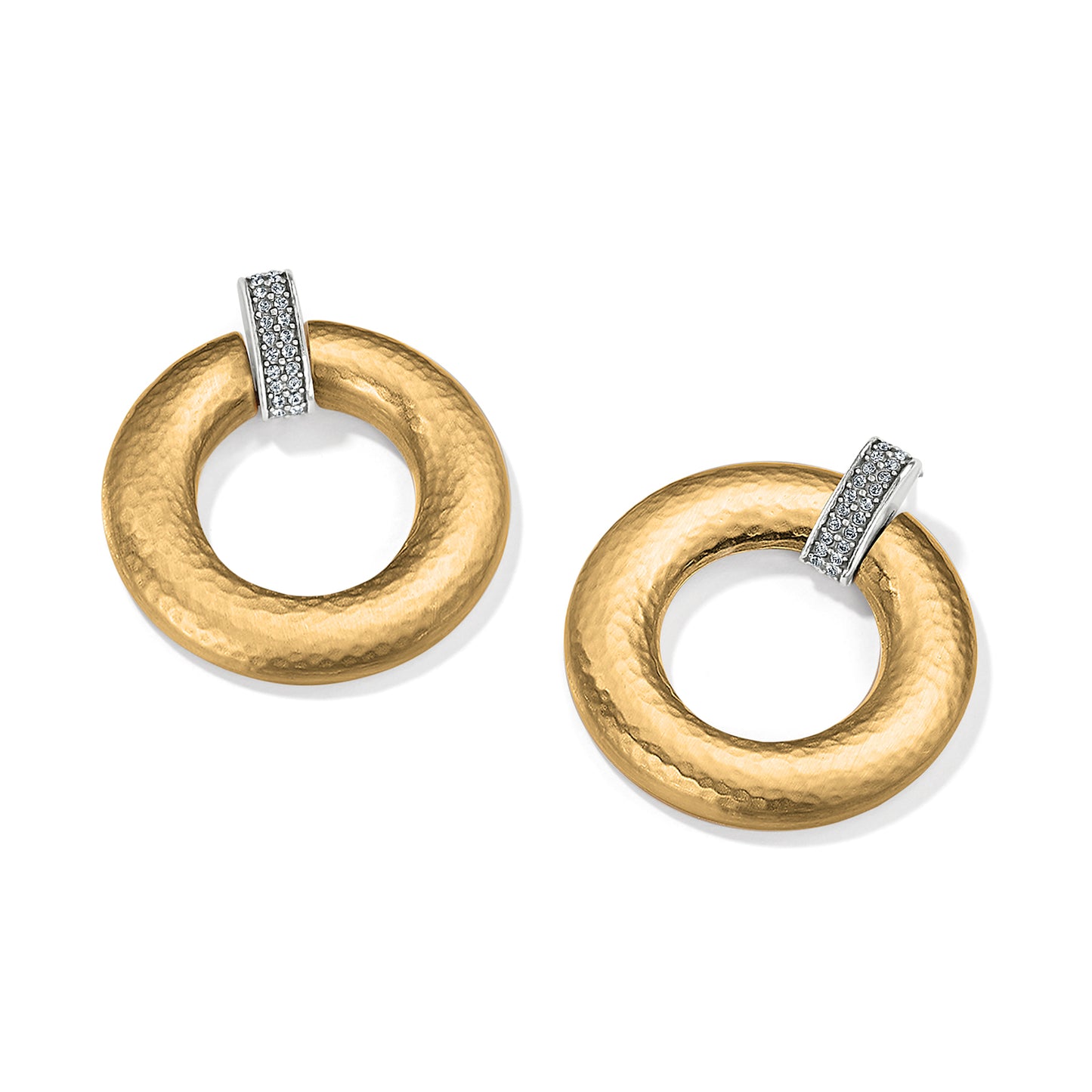 Brighton hoop drop earrings with hammered gold-tone rings and two-tone crystal accent bars on a white background