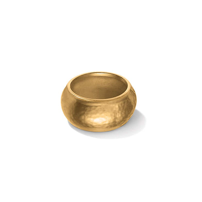 Brighton ring with wide domed band and brushed gold plated hammered finish on a white background