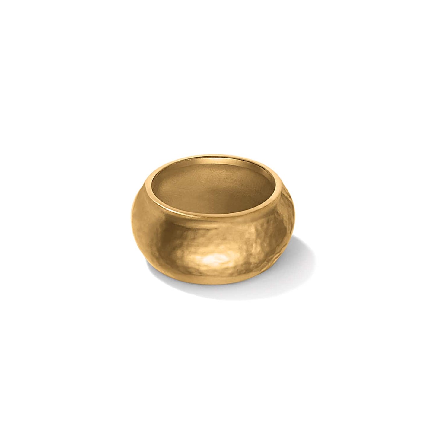 Brighton ring with wide domed band and brushed gold plated hammered finish on a white background