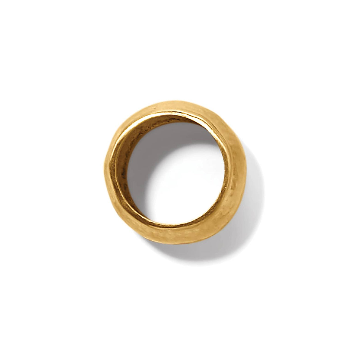 Brighton ring with brushed gold plated hammered band shown from above on a white background