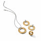 Brighton jewelry set styled with brushed gold-plated circle pendant necklace, matching earrings, and ring on white background