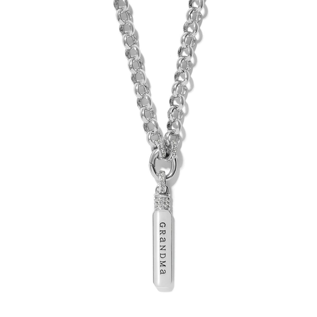 Brighton pendant necklace with silver-plated rolo chain and engraved Grandma bar pendant with crystal accents on a white background