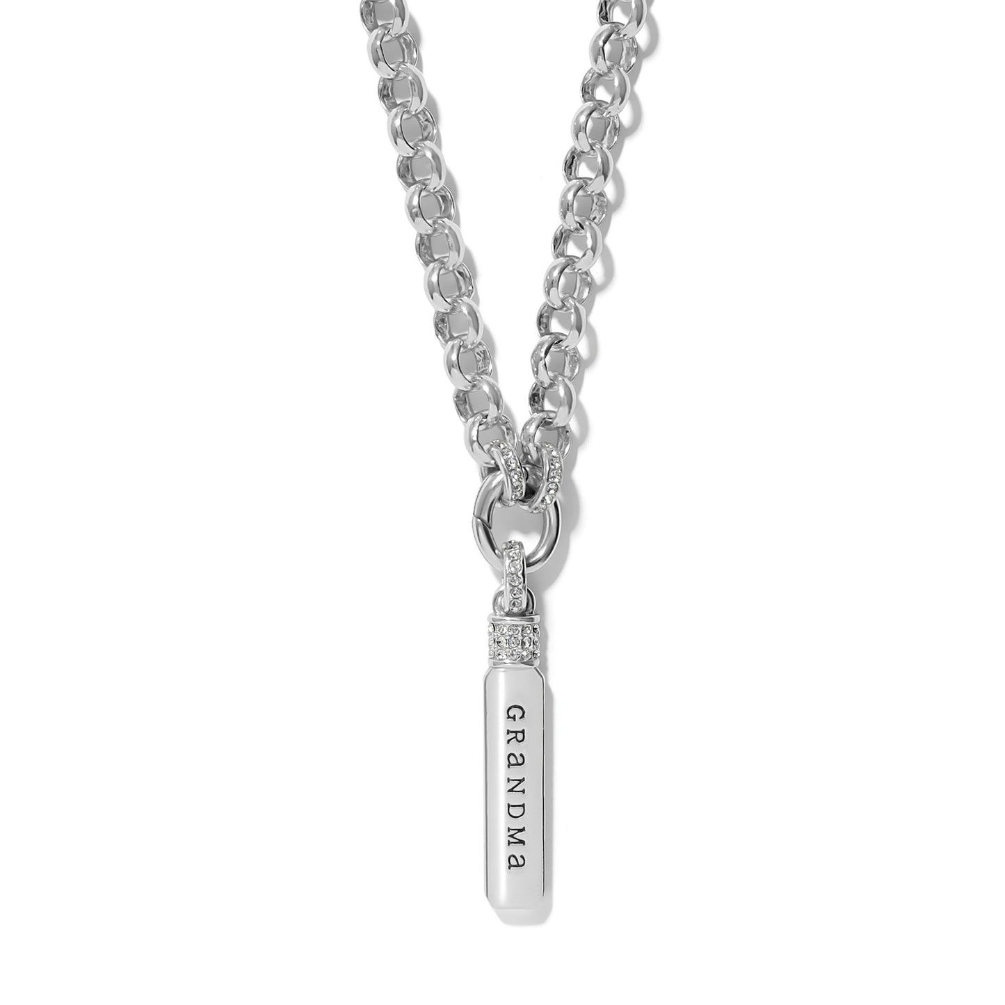 Brighton pendant necklace with silver-plated rolo chain and engraved Grandma bar pendant with crystal accents on a white background