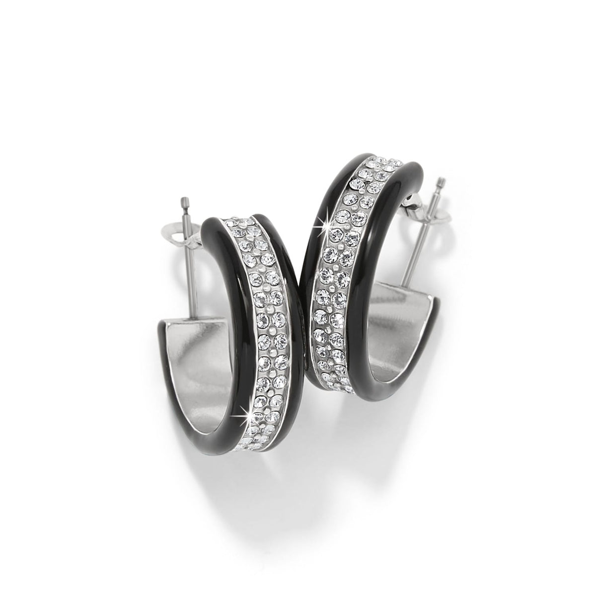 Brighton hoop earrings with black lacquer finish and crystal pavé band in silver-tone setting on a white background