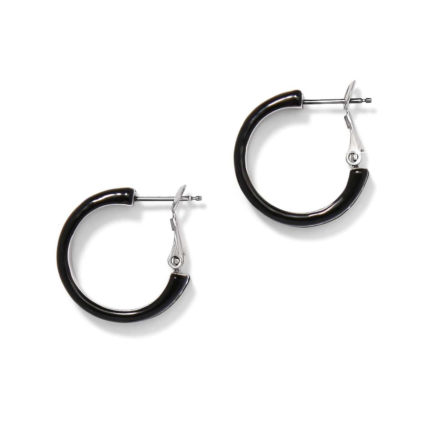 Brighton hoop earrings with black lacquer finish and silver-tone hinged posts on a white background