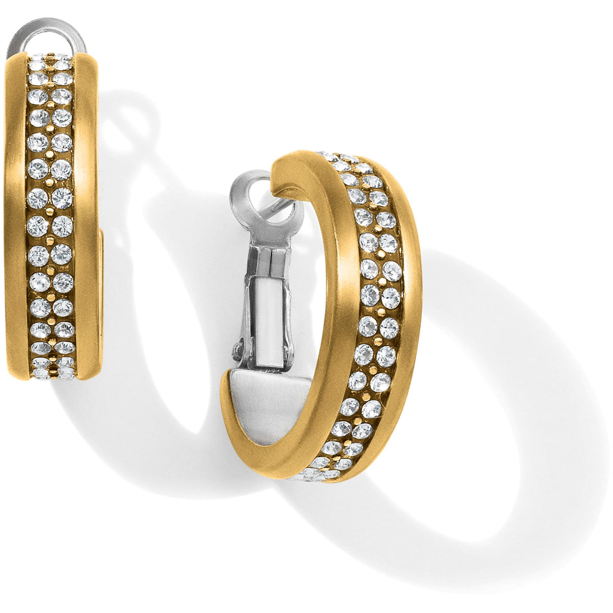 Brighton hoop earrings in two-tone finish with pavé crystal rows and silver-tone clip backs on a white background