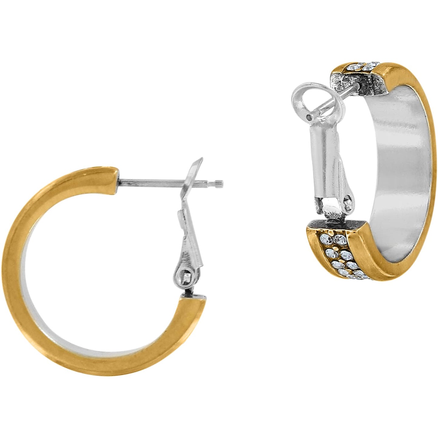 Brighton hoop earrings with two-tone silver and gold finish featuring crystal accents on a white background