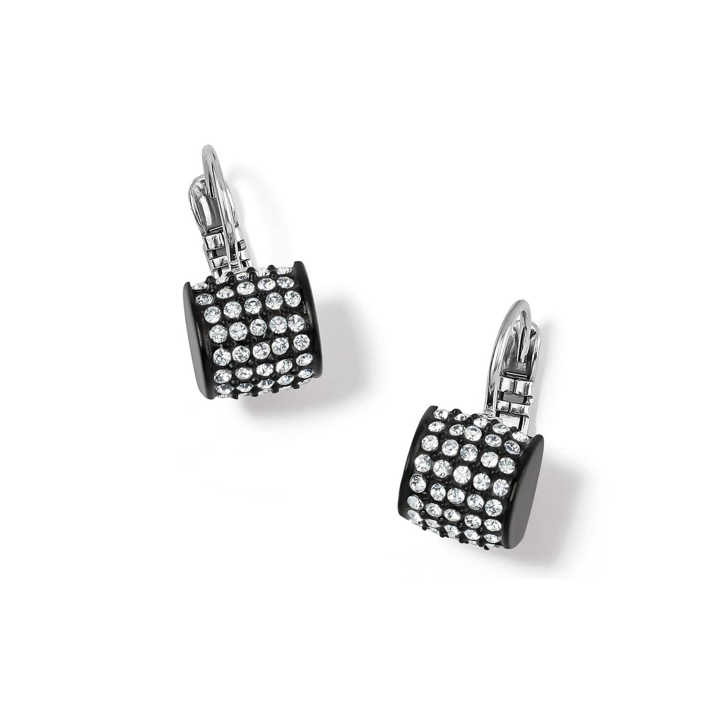 Brighton drop earrings with black lacquer curved settings, pave crystal accents, and silver-plated lever backs on a white background