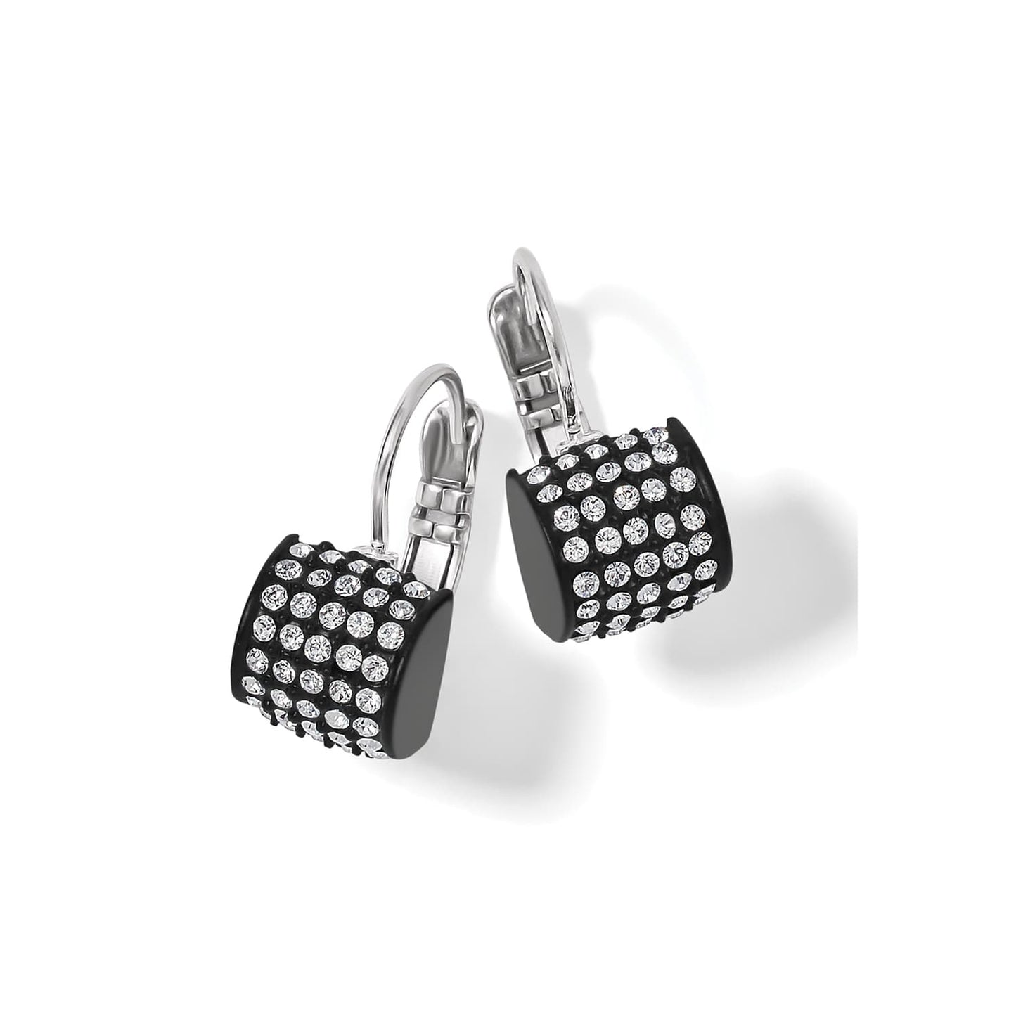 Brighton drop earrings with black lacquer curved fronts, pavé crystal accents, and silver-plated lever backs on a white background