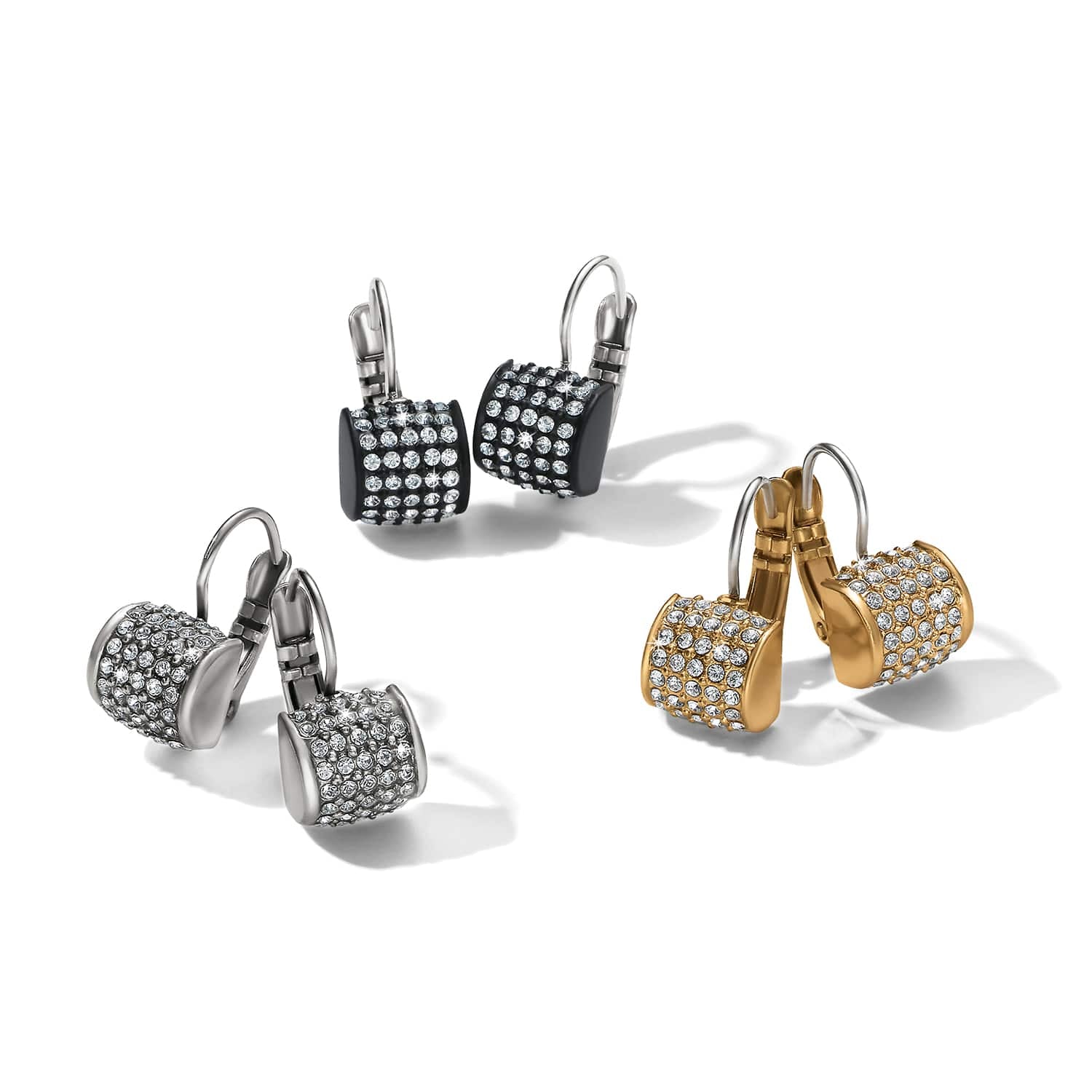 Brighton earrings trio in silver-plated, gold-plated, and black lacquer finishes with pavé crystal accents on a white background