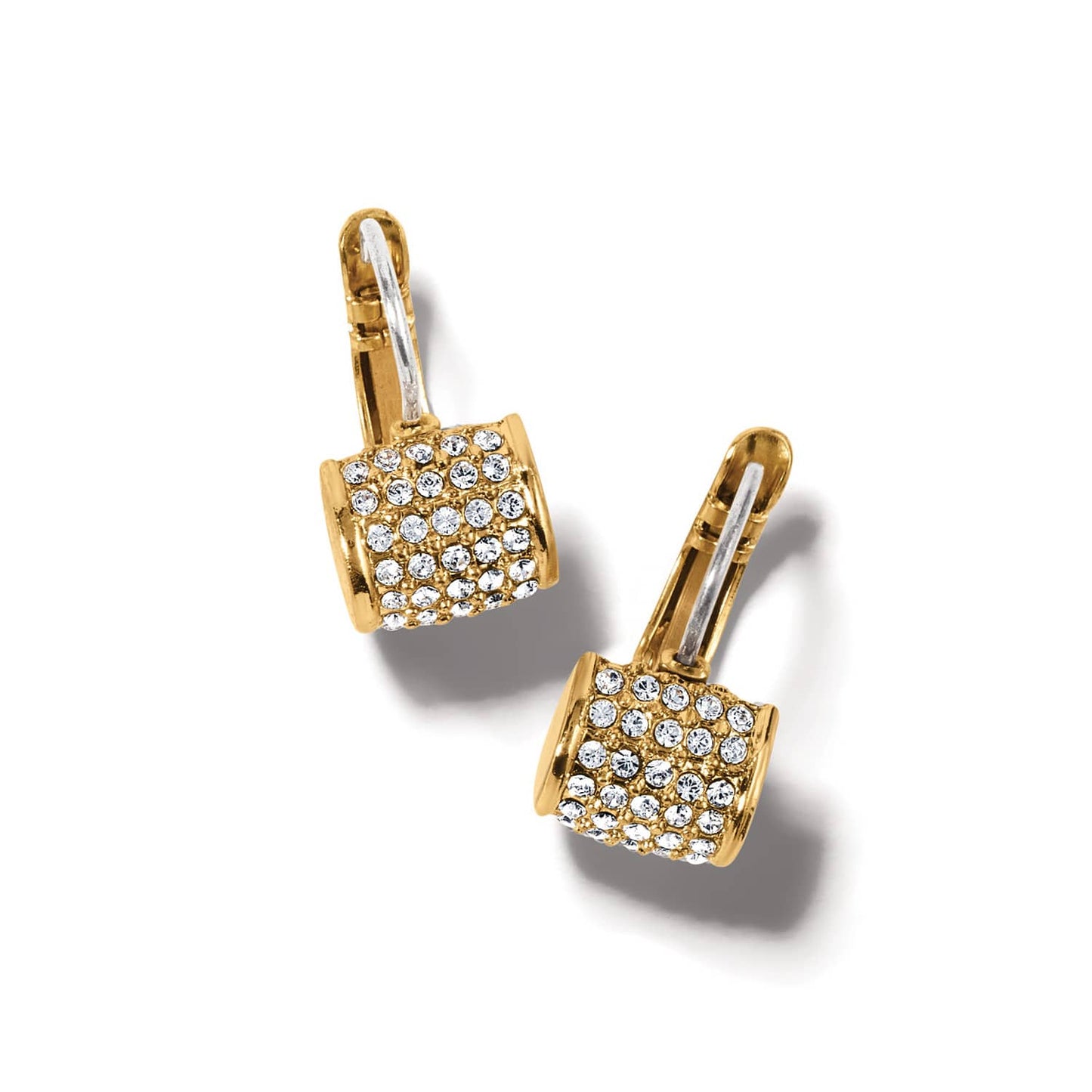 Brighton drop earrings with gold-plated square drops covered in pavé crystals and lever-back closures on a white background