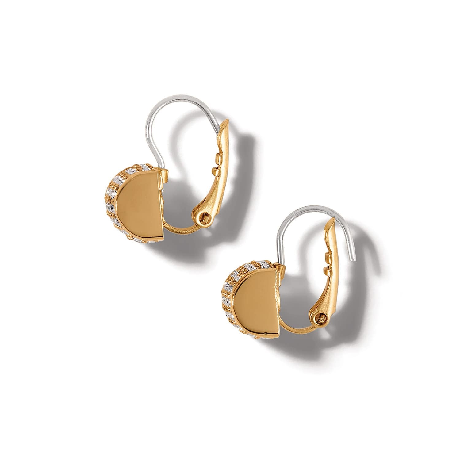 Brighton gold-plated leverback earrings with half-moon shape and crystal pavé accents on a white background