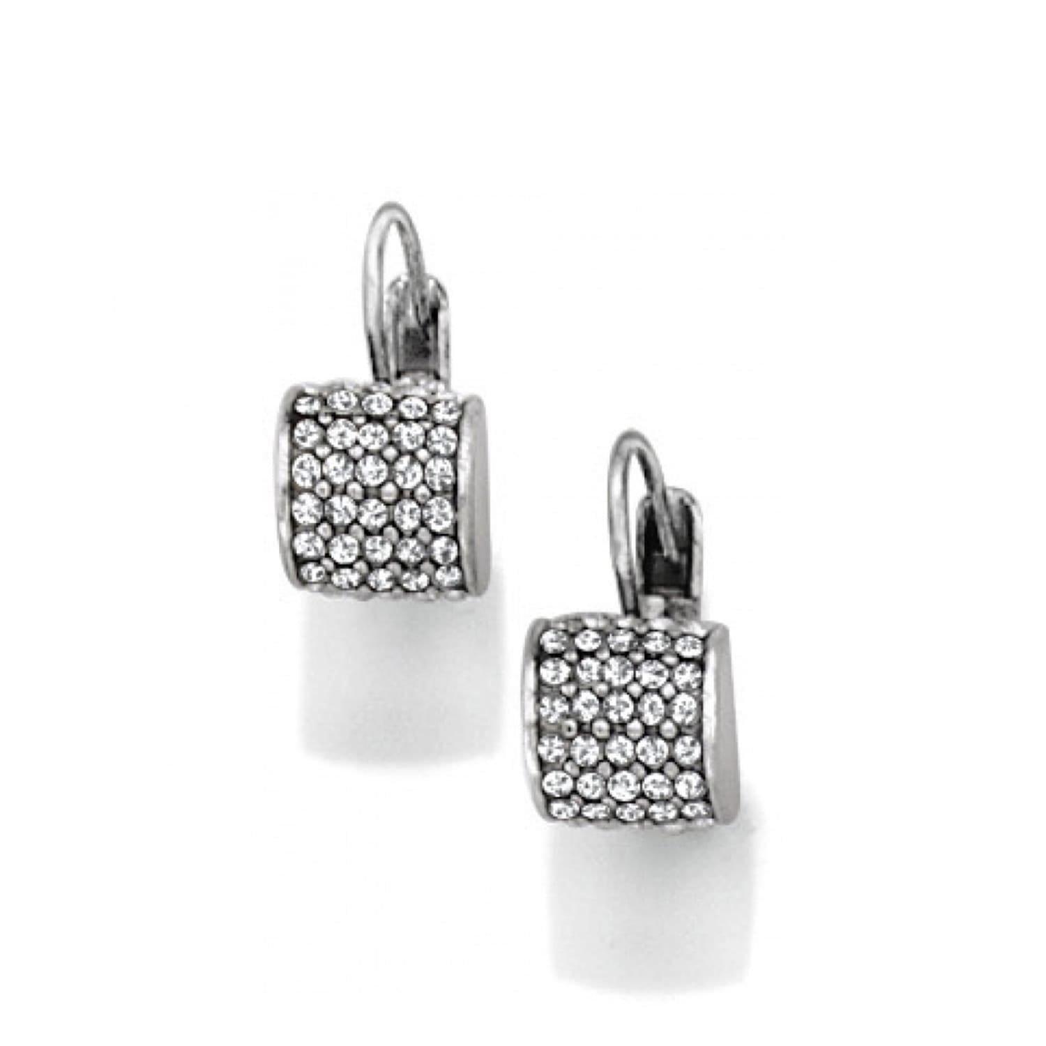Brighton drop earrings with square silver-tone pavé crystal charms and leverback hooks on a white background