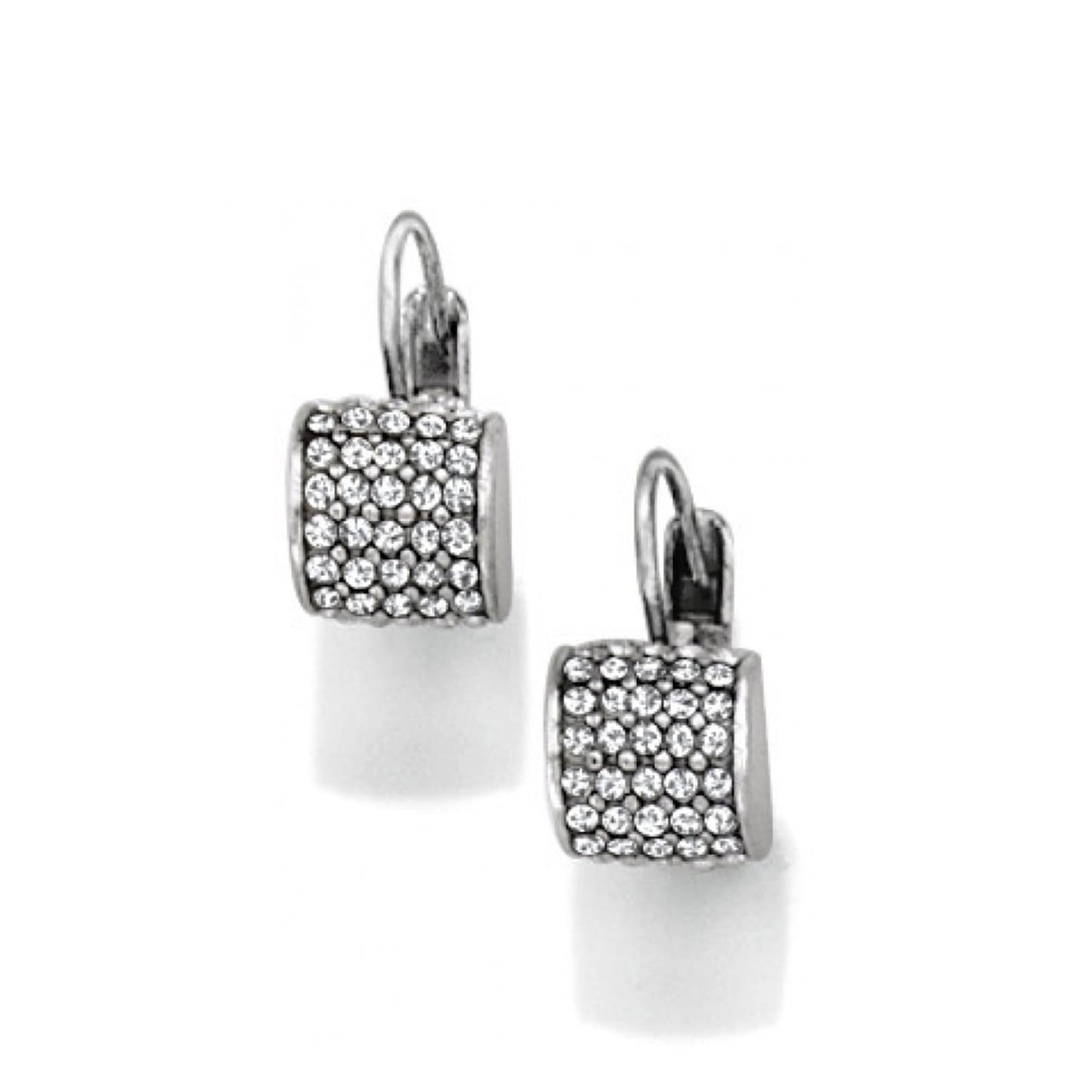 Brighton drop earrings with square silver-tone pavé crystal charms and leverback hooks on a white background