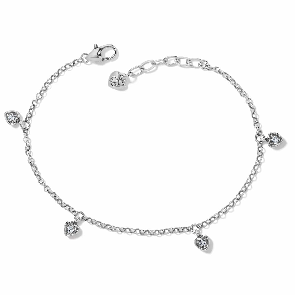 Brighton charm bracelet with silver-plated heart charms and crystal accents on a white background