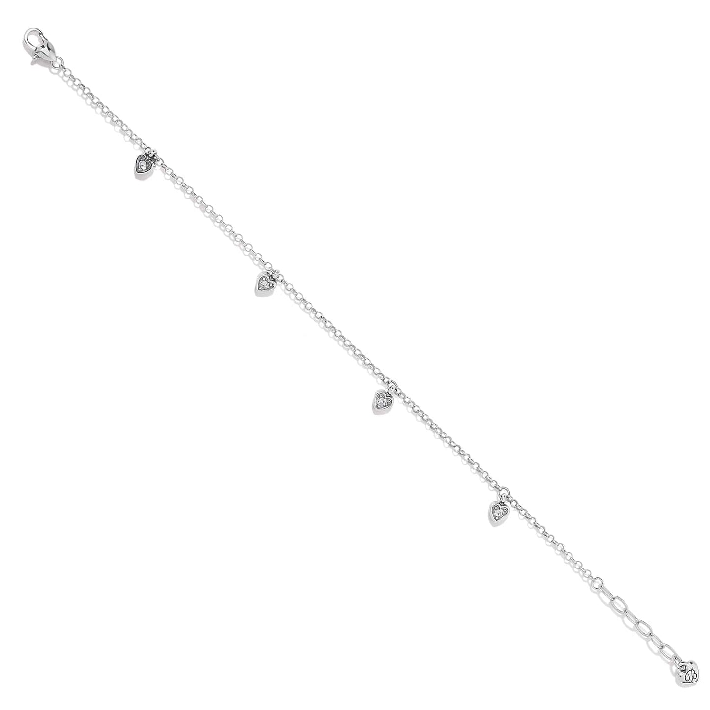 Brighton silver-plated chain bracelet with dangling heart charms and crystal accents on a white background