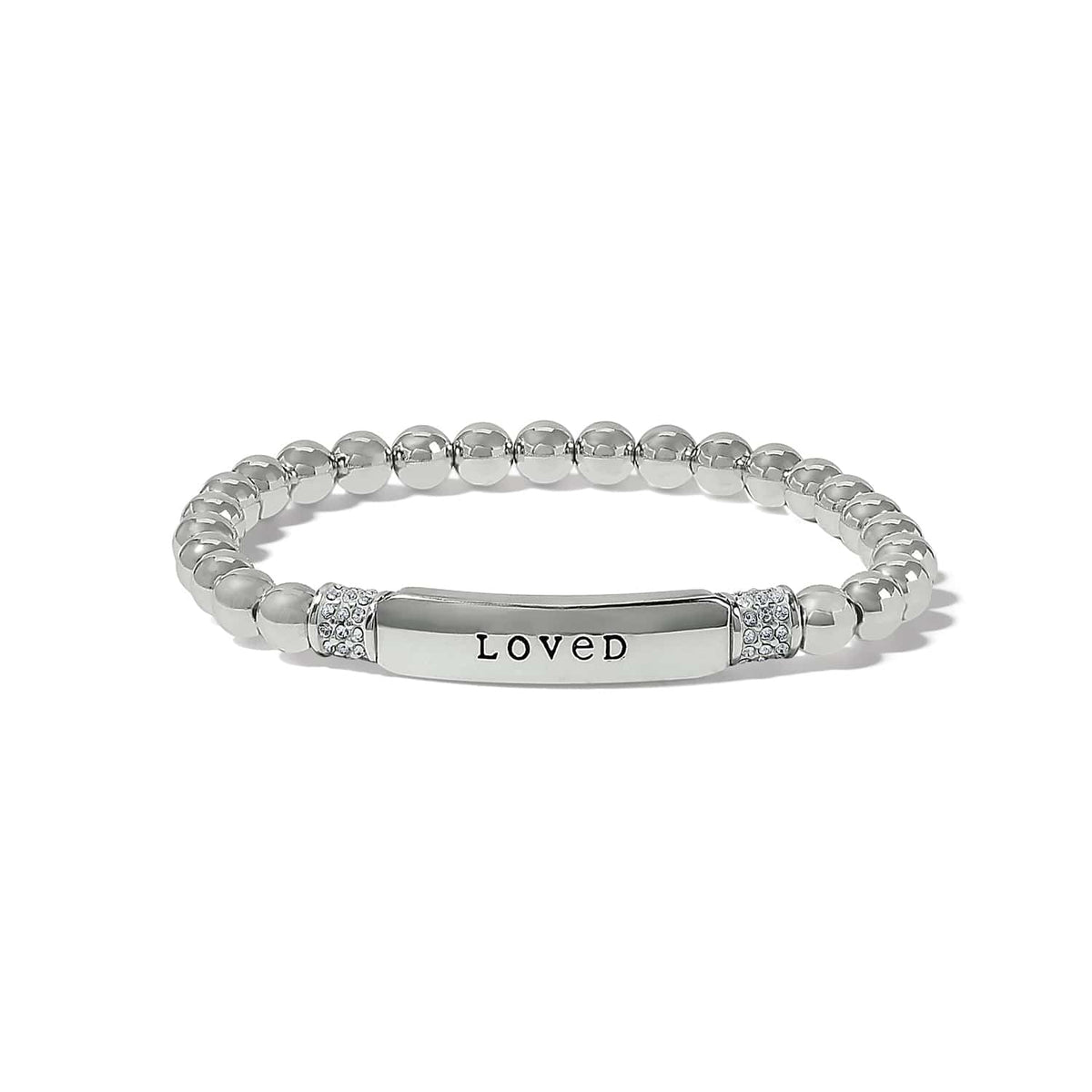 Brighton beaded stretch bracelet with silver-plated beads, LOVED engraved bar, and crystal accents on a white background