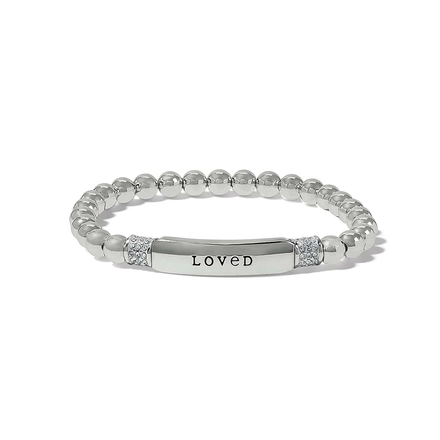 Brighton beaded stretch bracelet with silver-plated beads, LOVED engraved bar, and crystal accents on a white background