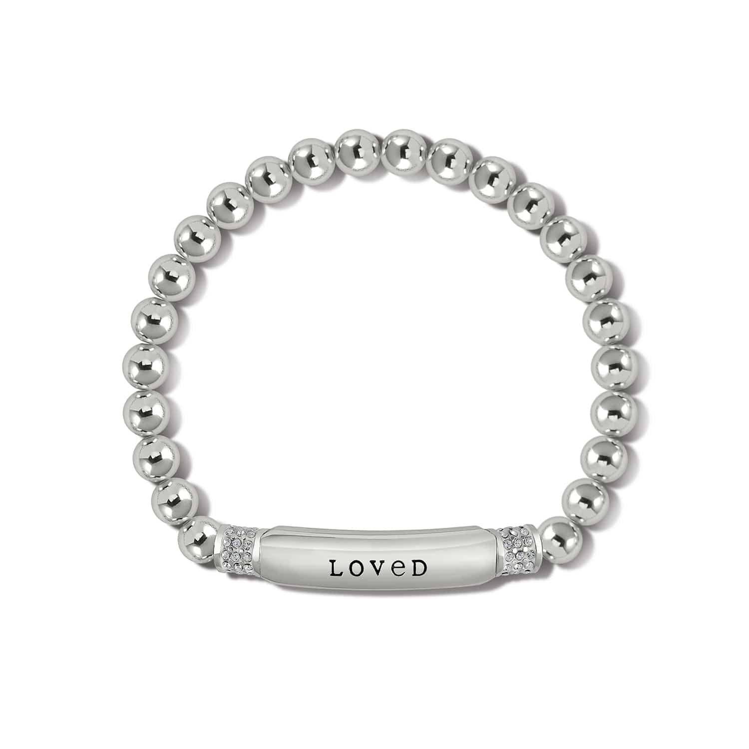 Brighton beaded stretch bracelet with silver-plated beads and crystal-accented LOVED engraved bar on a white background