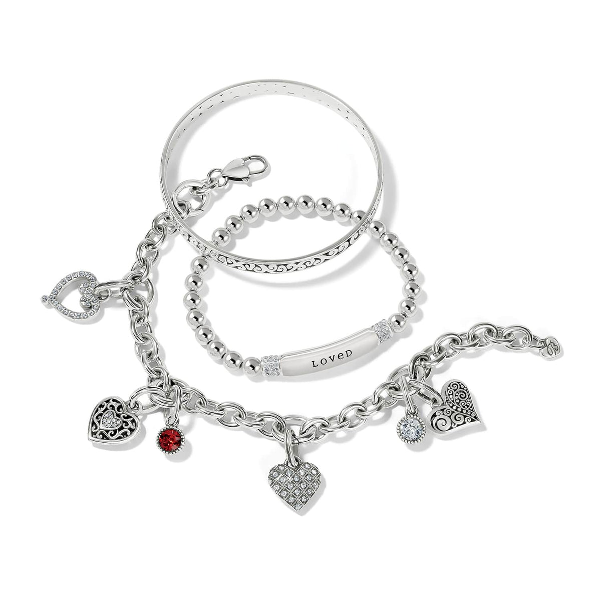 Brighton silver-plated bracelets with heart charms, crystal accents, engraved LOVED bar, and beaded design on a white background