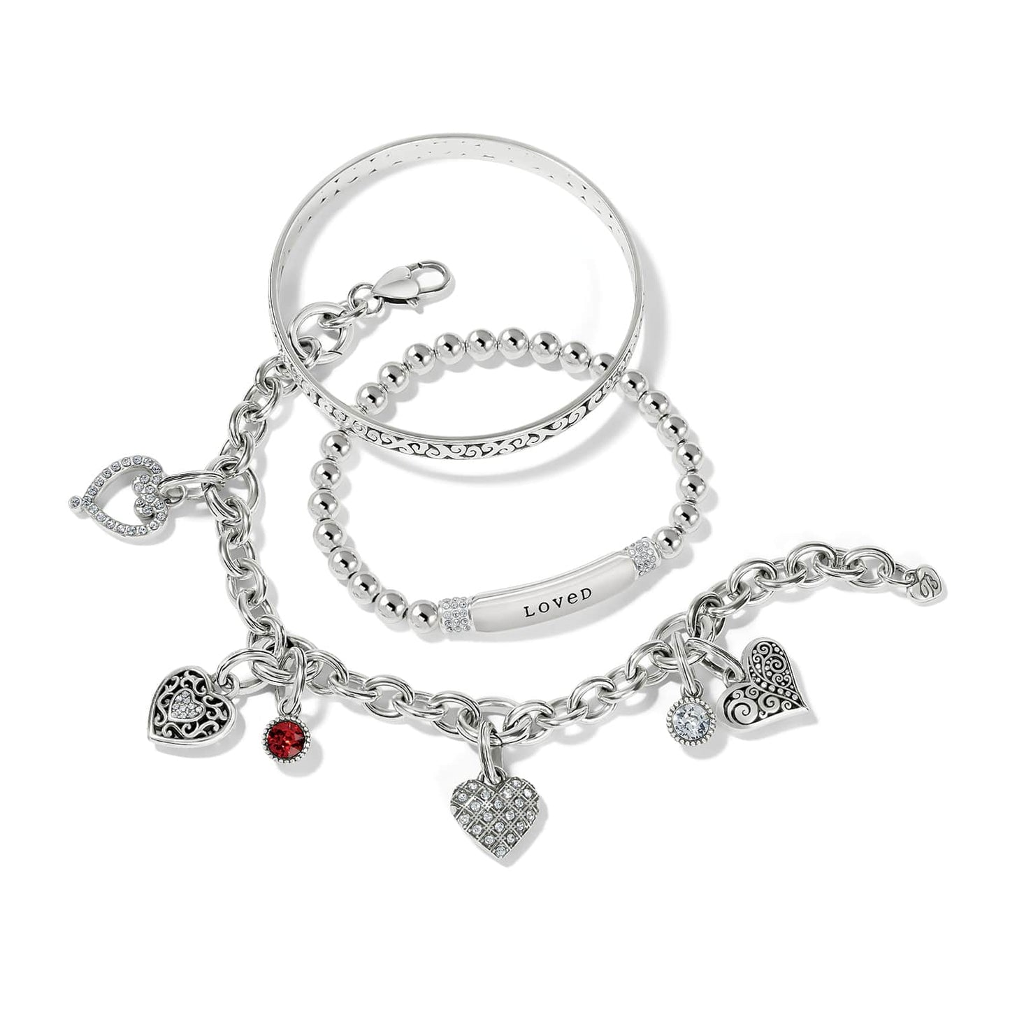 Brighton silver-plated bracelets with heart charms, crystal accents, engraved LOVED bar, and beaded design on a white background