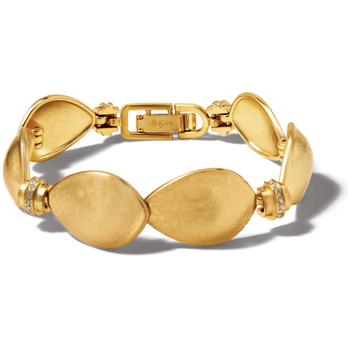Brighton bracelet with brushed gold-plated teardrop links, crystal accents, and engraved clasp on a white background