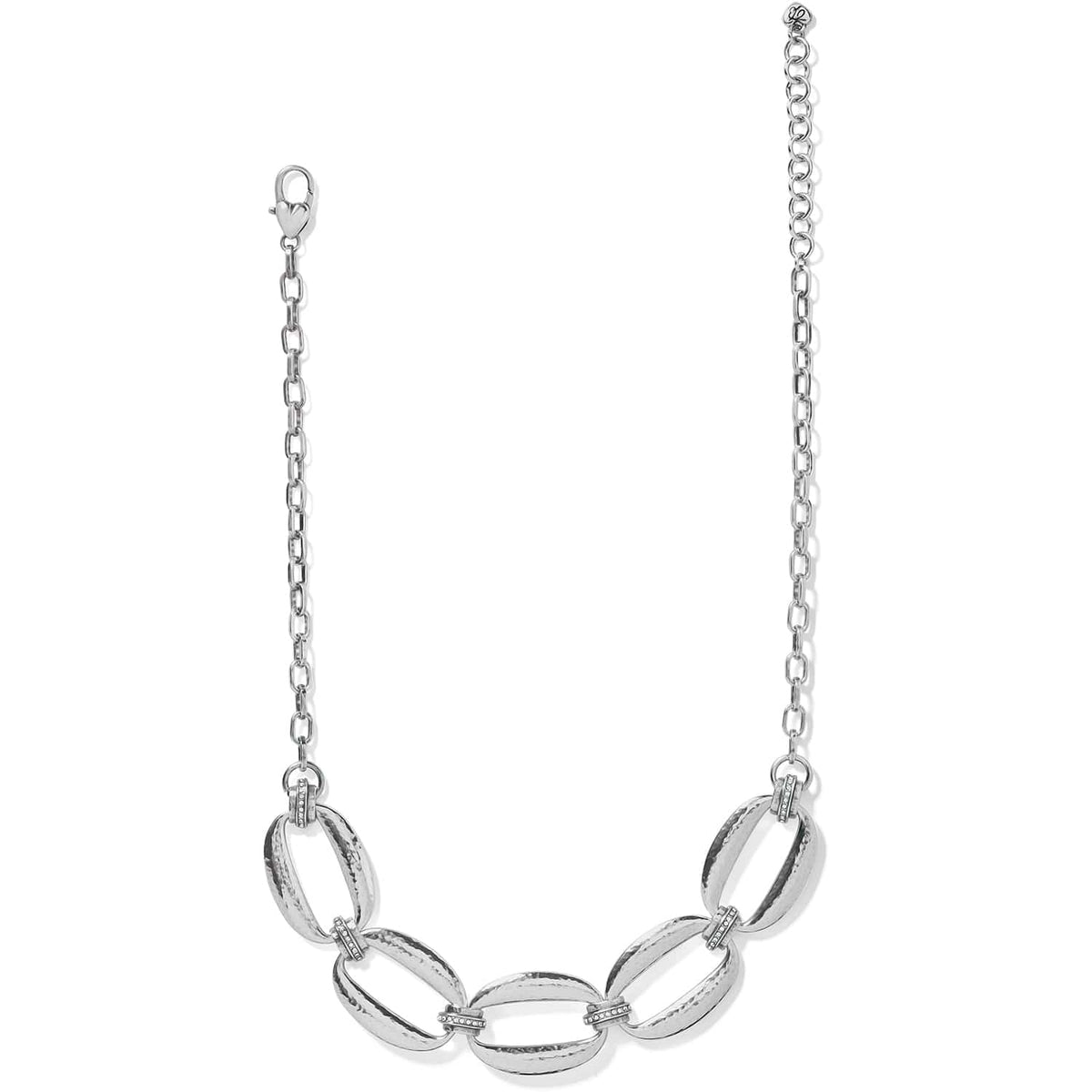 Brighton silver-plated necklace with hammered oval links and crystal accent bars on a white background