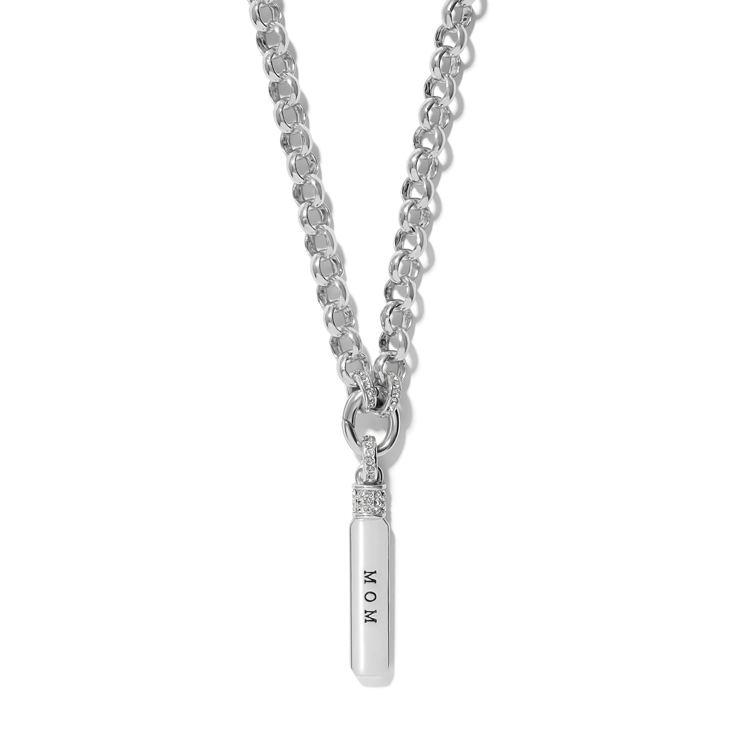 Brighton silver-plated pendant necklace with rolo chain and engraved MOM bar pendant with crystal accents on a white background