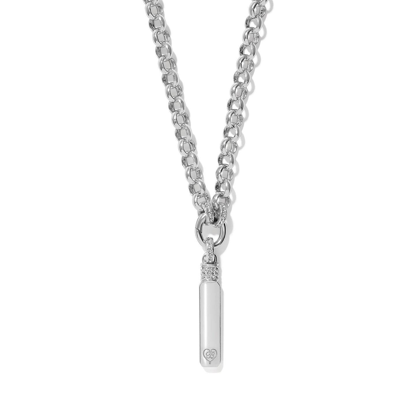Brighton pendant necklace with silver-plated rolo chain and engraved bar charm with crystal accents on a white background