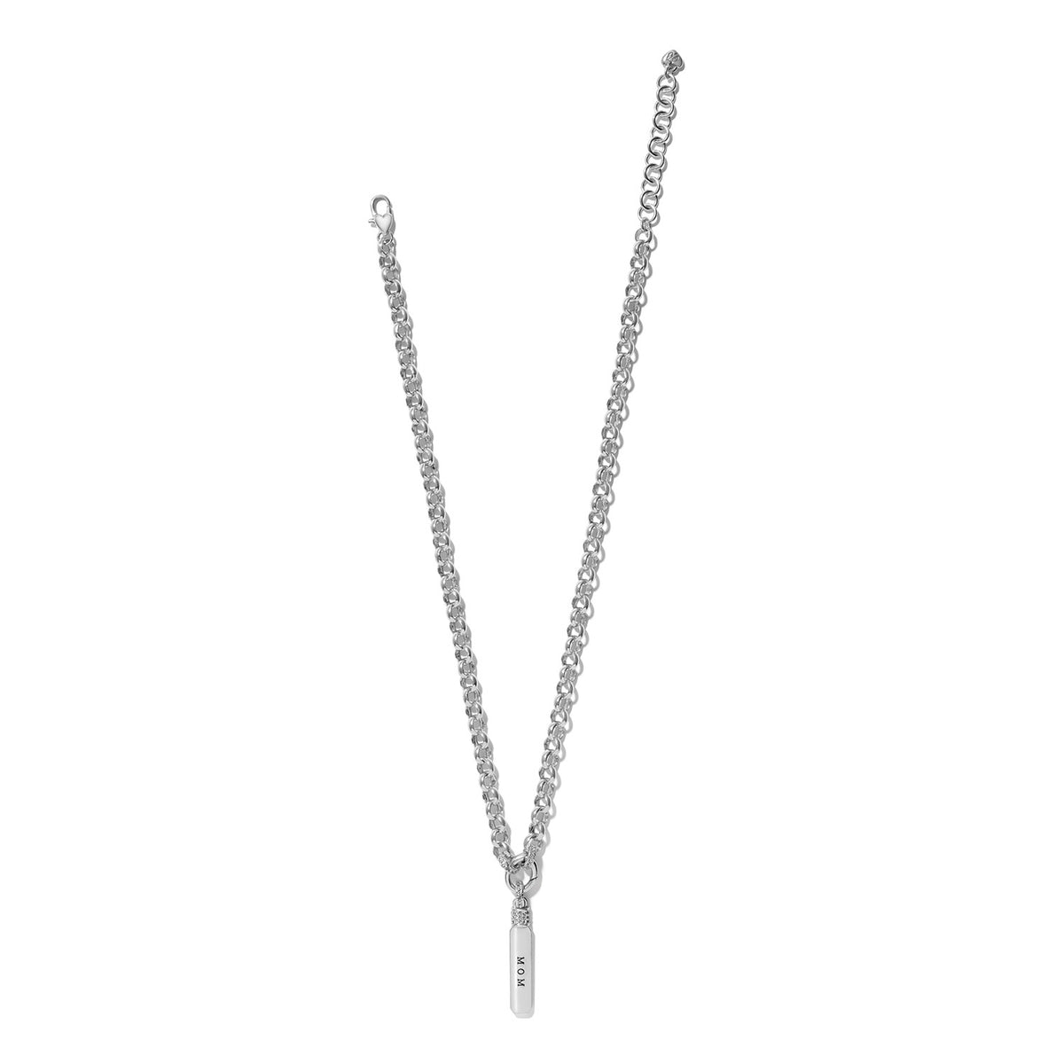 Brighton pendant necklace with silver-plated rolo chain, lobster clasp, and engraved MOM bar pendant on a white background