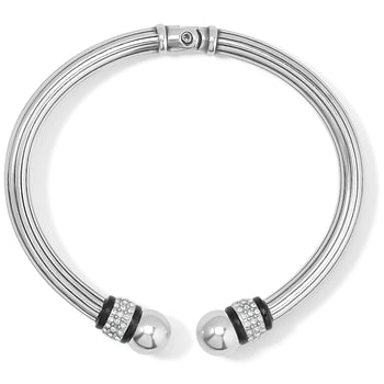 Brighton silver-plated hinged cuff bracelet with crystal pave and black lacquer accented open ball tips on a white background