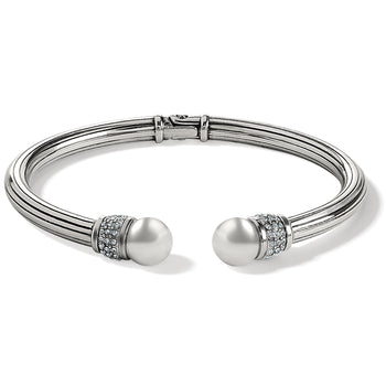 Brighton hinged cuff bracelet with pearl end caps and crystal-set silver-tone accents on a white background