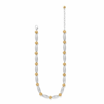 Brighton two-tone necklace with silver oval beads and gold crystal-accented round beads with lobster clasp on a white background