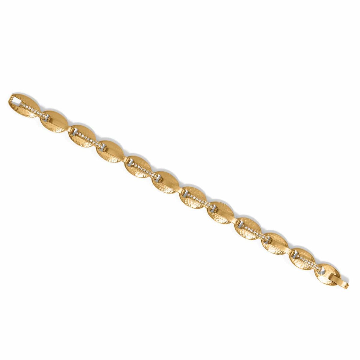 Brighton gold-plated link bracelet with oval hammered links and crystal accents on a white background