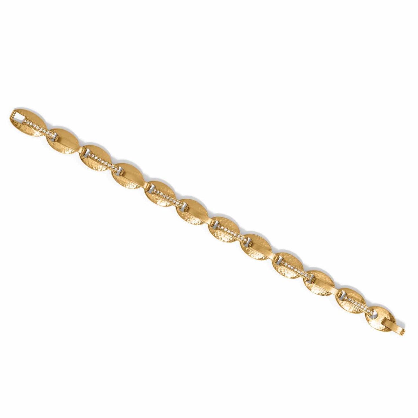 Brighton gold-plated link bracelet with oval hammered links and crystal accents on a white background