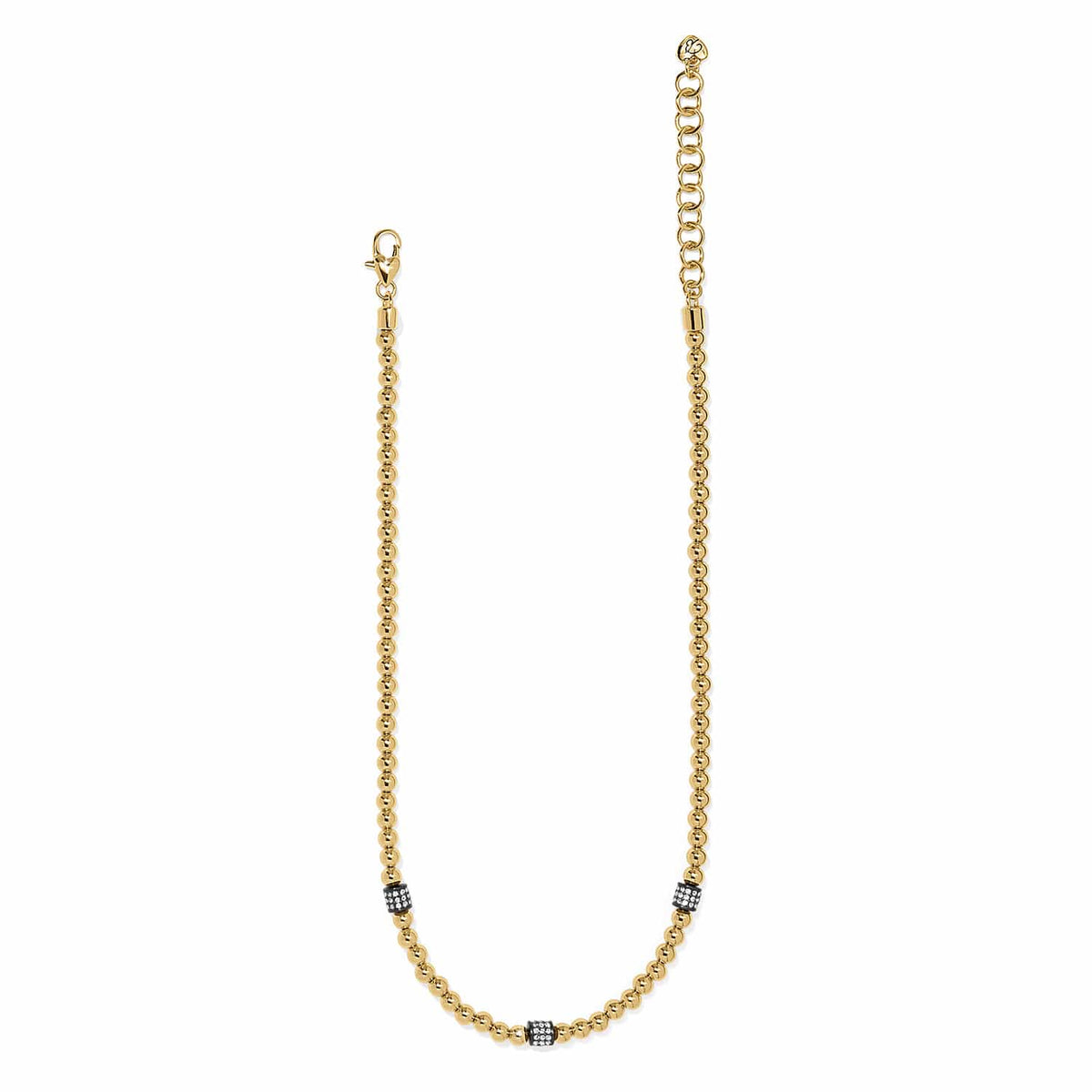 Brighton beaded necklace with gold-plated beads, crystal accent stations, and adjustable chain on a white background