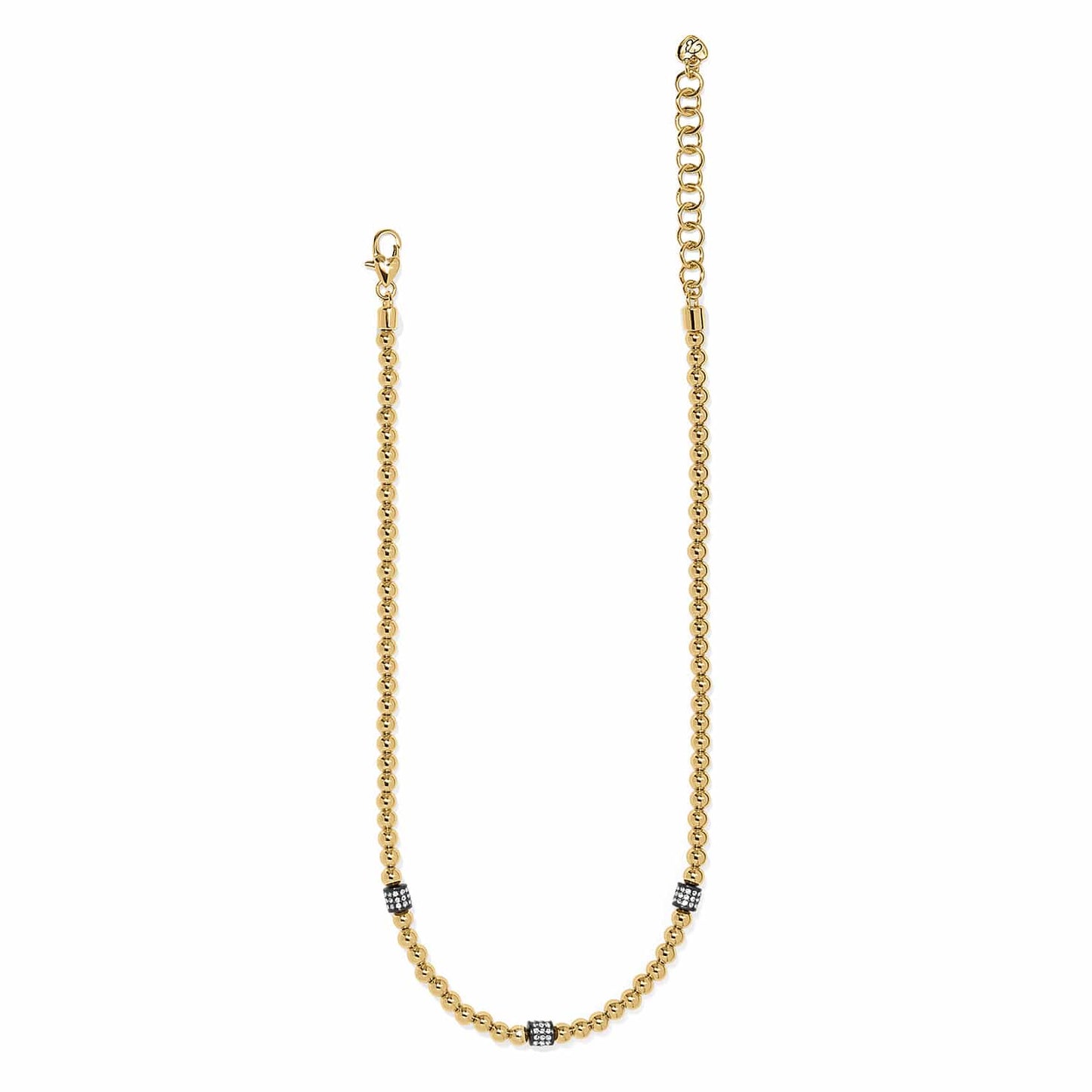 Brighton beaded necklace with gold-plated beads, crystal accent stations, and adjustable chain on a white background