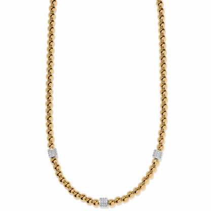 Brighton beaded necklace with gold-plated beads and silver-plated crystal pavé stations on a white background