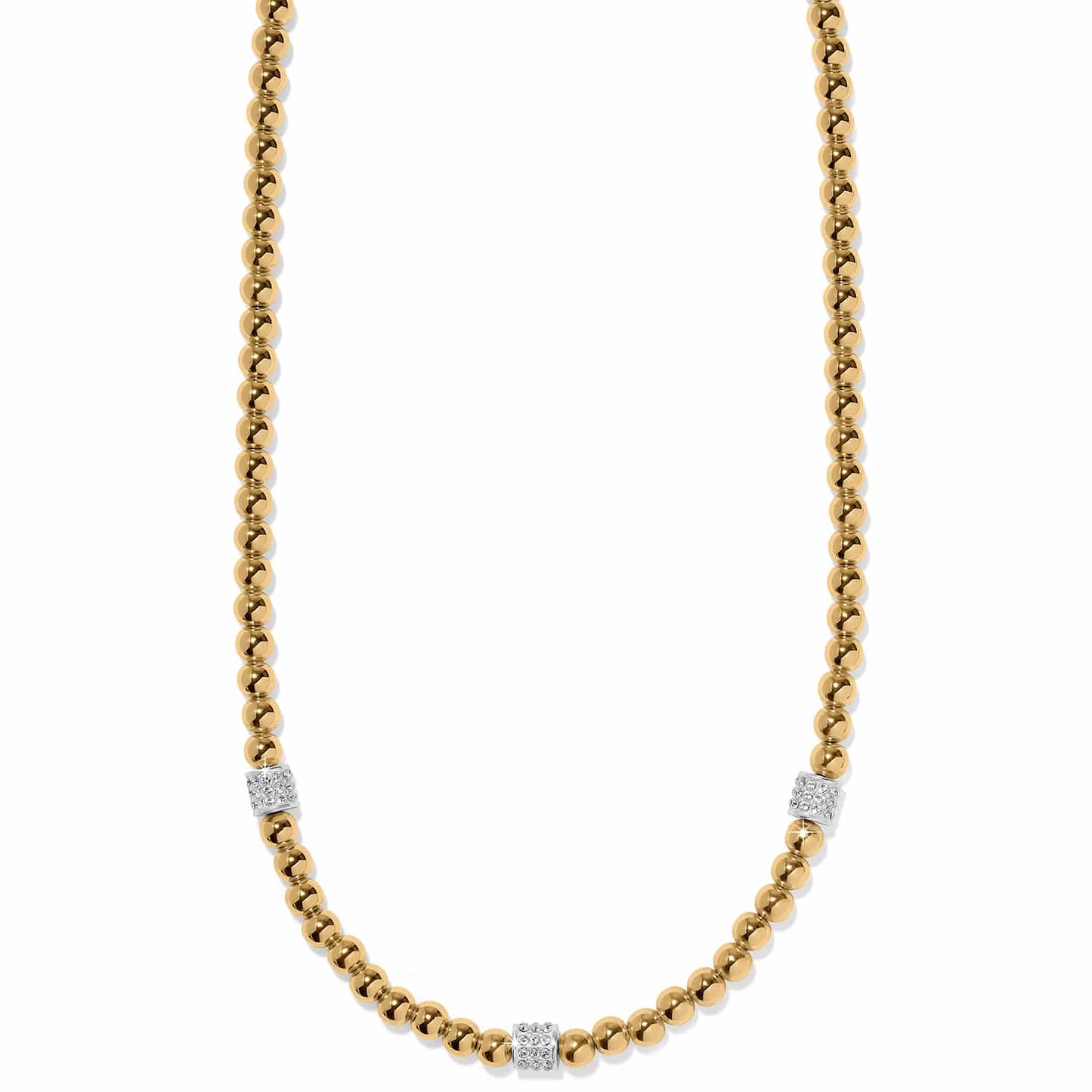 Brighton beaded necklace with gold-plated beads and silver-plated crystal pavé stations on a white background
