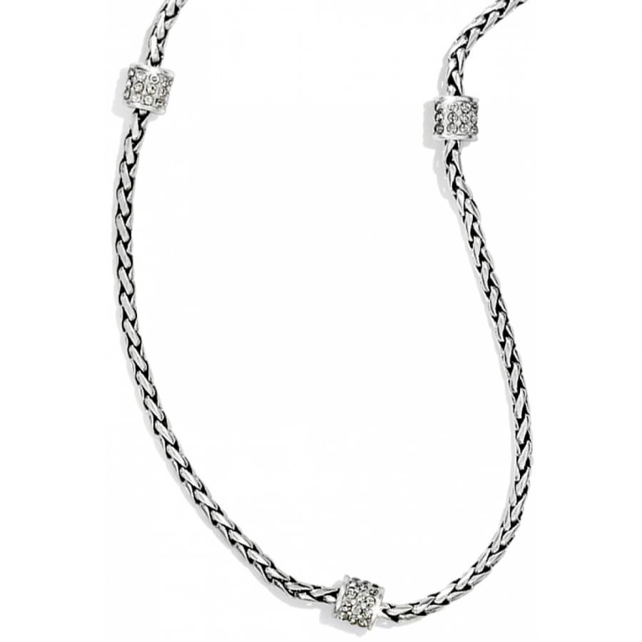 Brighton necklace with silver-plated braided chain and three crystal-encrusted barrel stations on a white background
