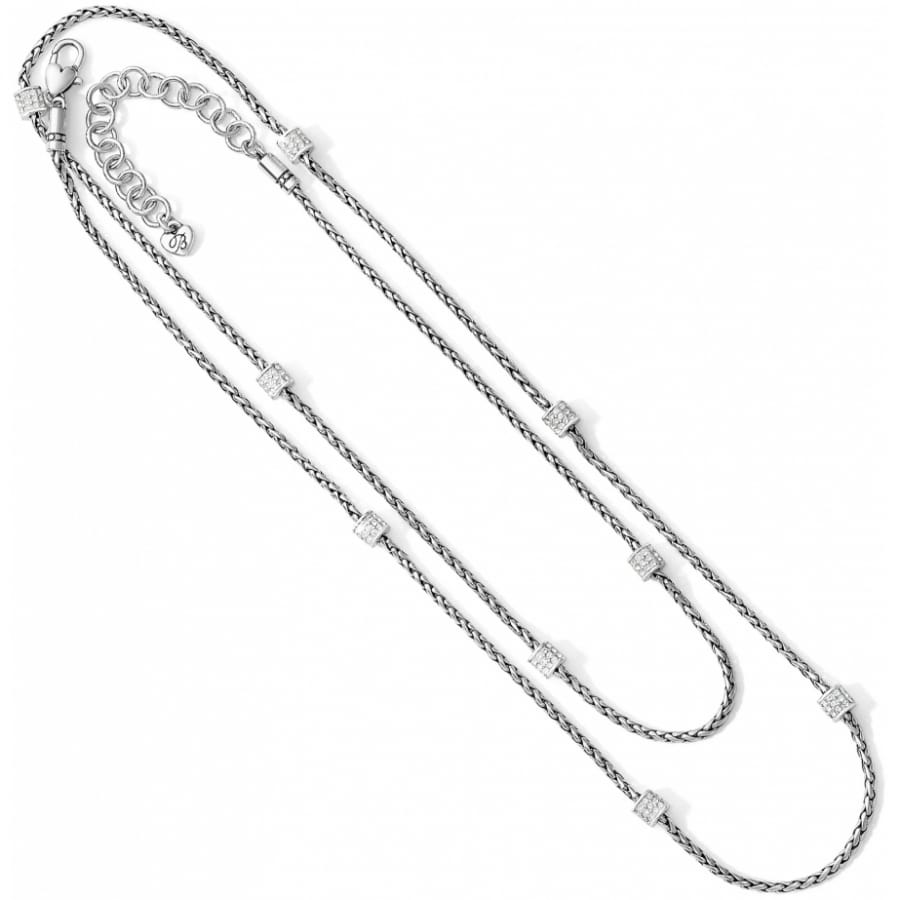 Brighton long station necklace with silver-plated rope chain and crystal-set square accents on a white background
