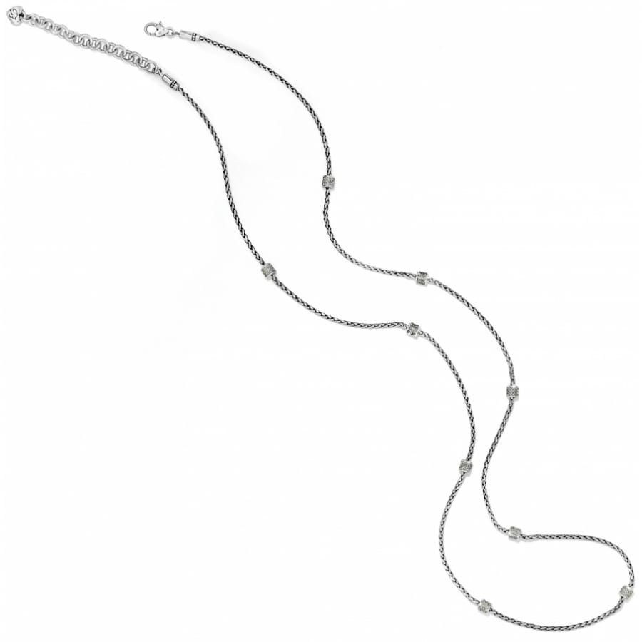Brighton long necklace with silver-plated chain and small textured square stations on a white background
