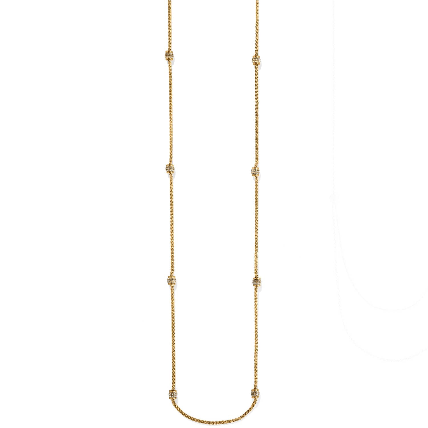 Brighton long gold-plated chain necklace with eight crystal pavé barrel stations spaced along the strand on a white background