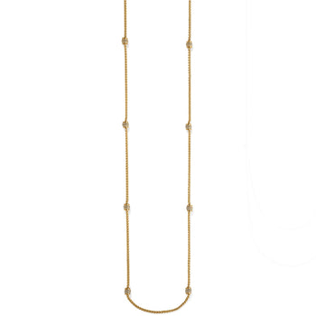 Brighton long gold-plated chain necklace with eight crystal pavé barrel stations spaced along the strand on a white background